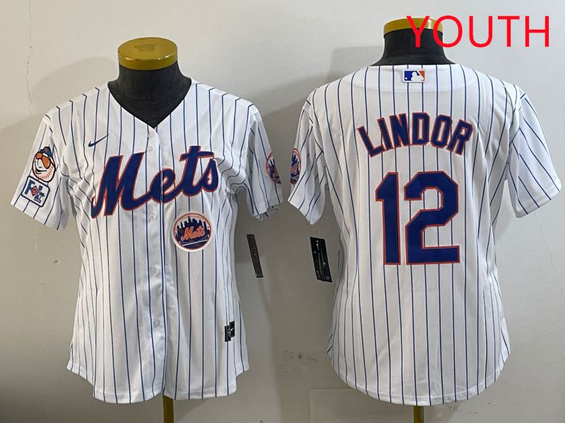 Youth New York Mets 12 Lindor White Stirpe Game Fashion 2025 Nike MLB Jersey style 4